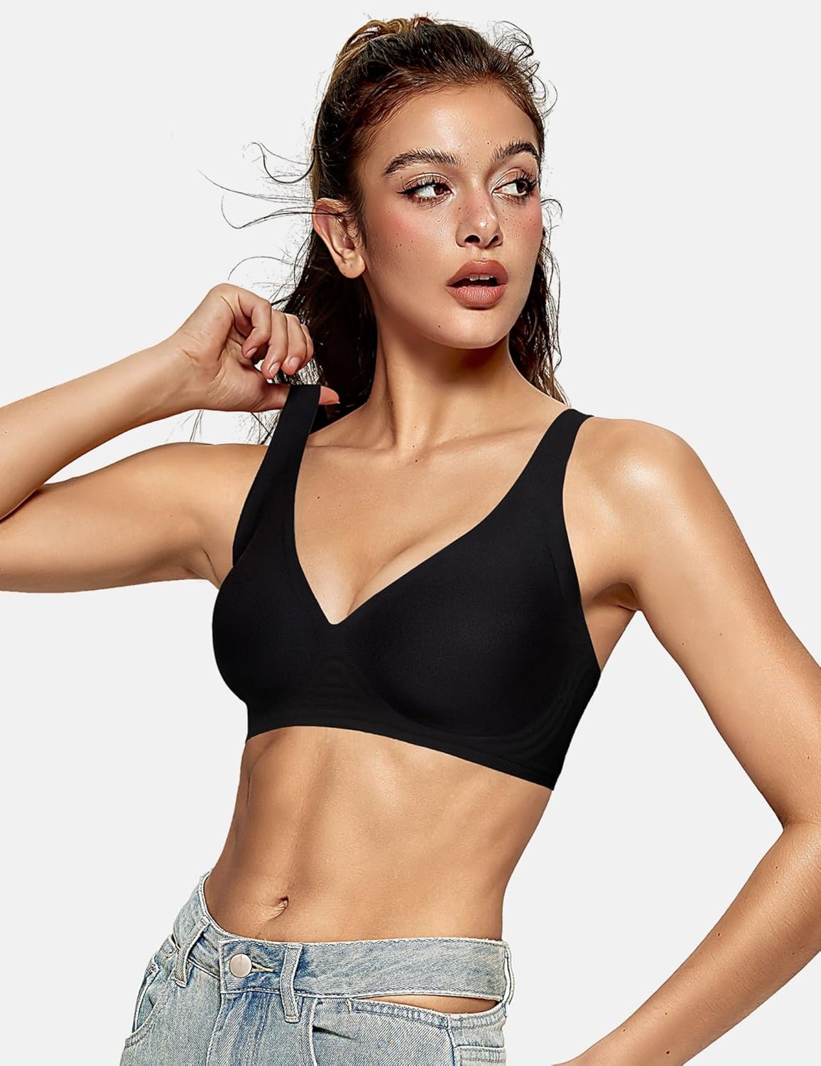 image:imageOEAK Womens Deep V Bras Wireless Bras amp Tummy Control Shapewear Seamless Black L