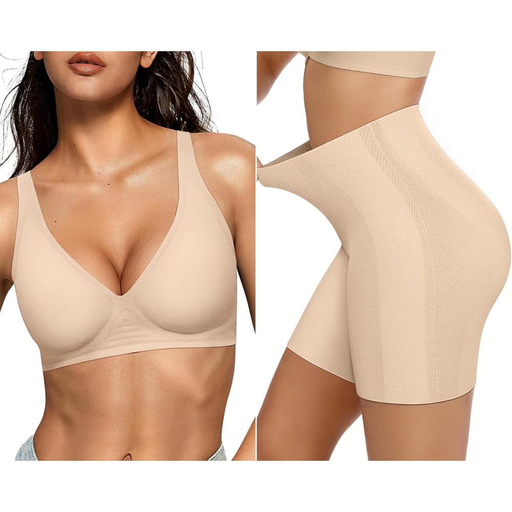 image:imageOEAK Womens Deep V Bras Wireless Bras Beige amp Tummy Control Shapewear for Women Seamless Nude XL