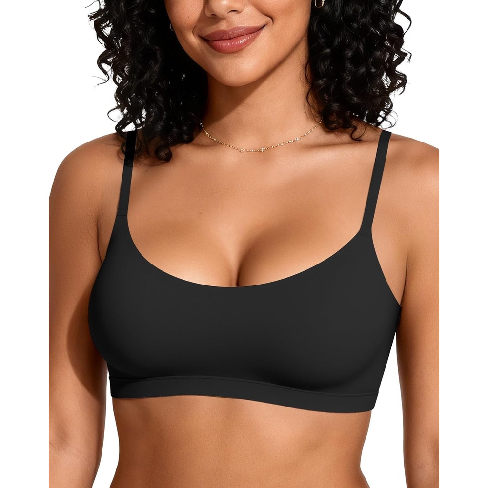 image:imageOEAK Womens Comfortable Bras No Underwire Cami Bra Seamless Unlined Bralettes Scoop Neck Unpadded Everyday Sports Tshirt Bra Black XS