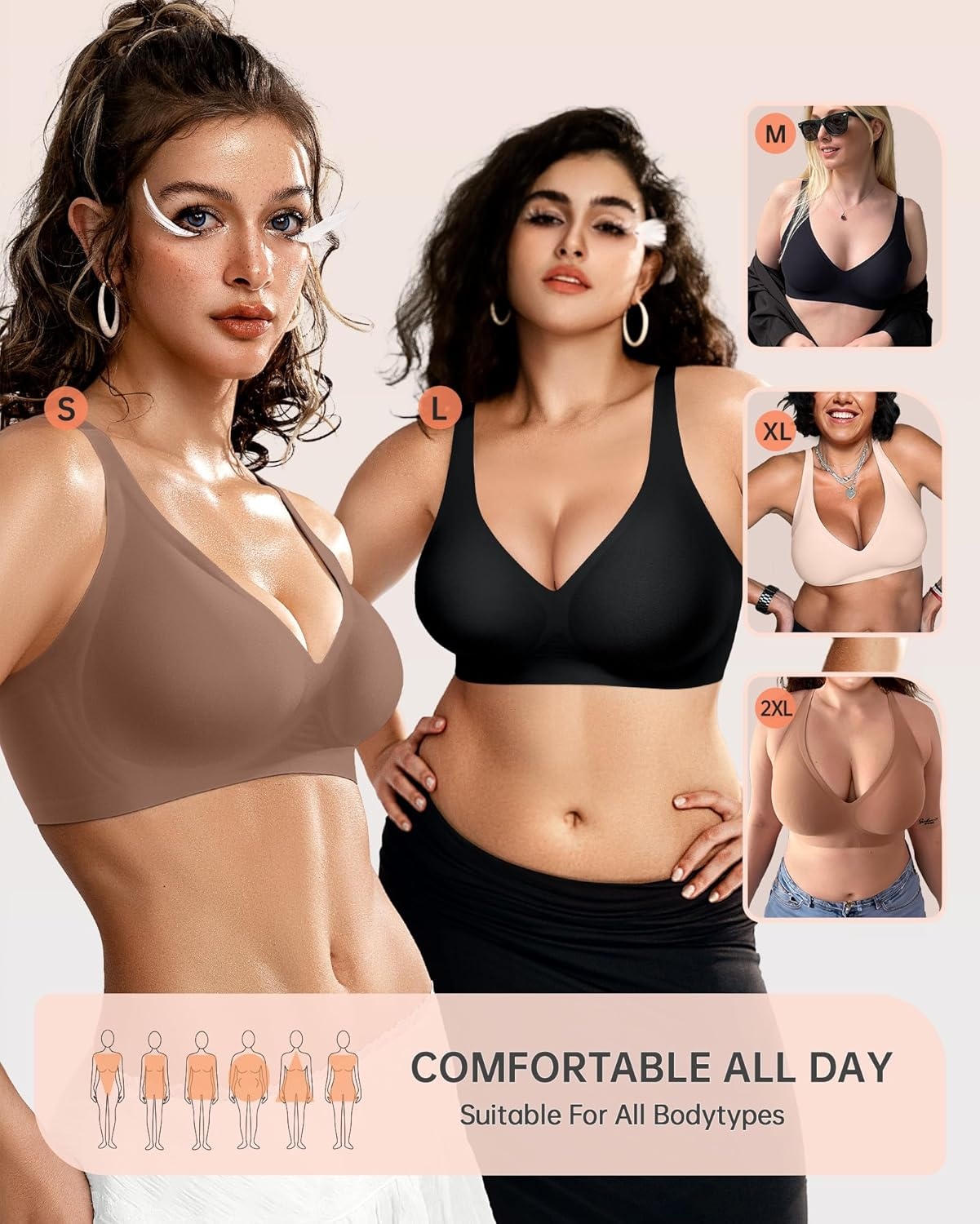 image:imageOEAK Womens Deep V Bras Comfortable Bra Support Push Up Bralettes Low Cut no Underwire Bra Plunge Seamless Tshirts Bras XXLarge Black