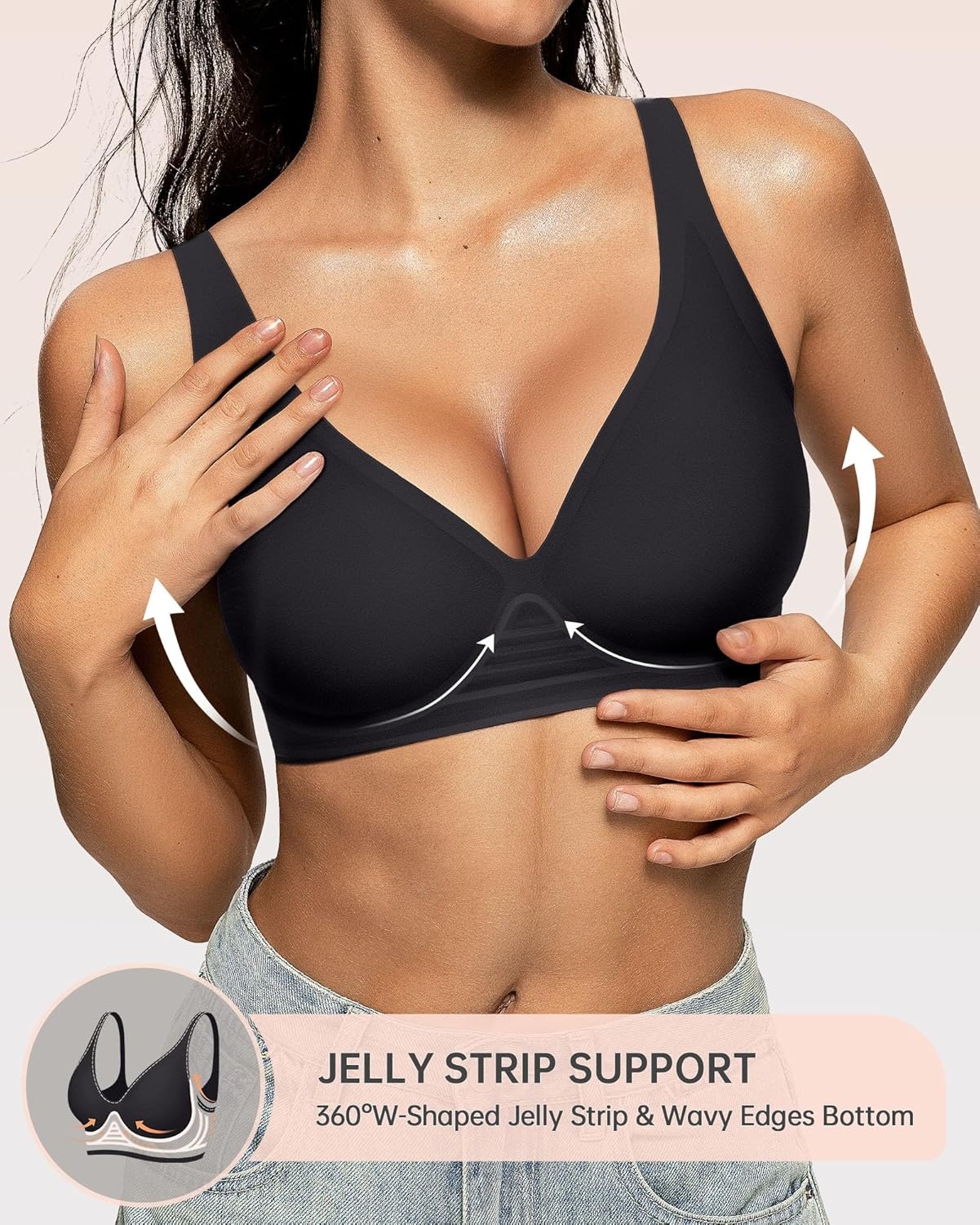 image:imageOEAK Womens Deep V Bras Comfortable Bra Support Push Up Bralettes Low Cut no Underwire Bra Plunge Seamless Tshirts Bras XXLarge Black