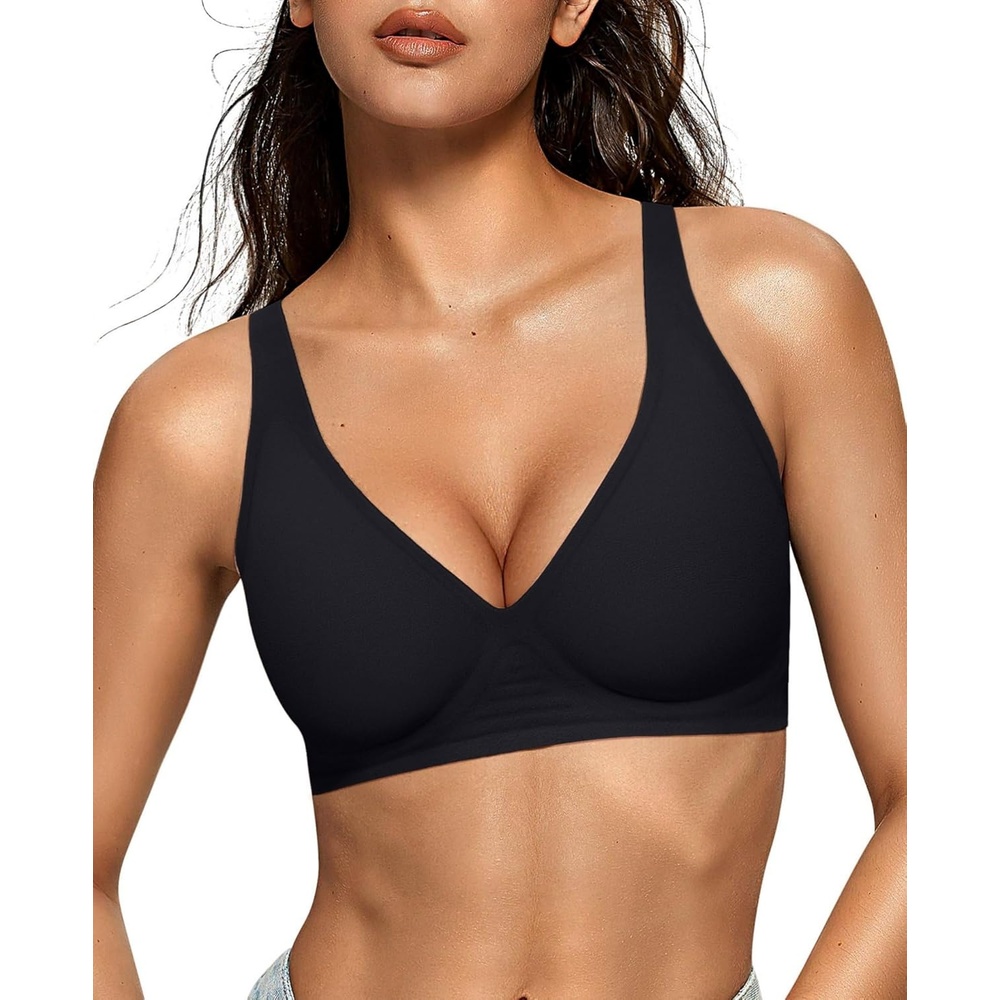 image:imageOEAK Womens Deep V Bras Comfortable Bra Support Push Up Bralettes Low Cut no Underwire Bra Plunge Seamless Tshirts Bras XXLarge Black