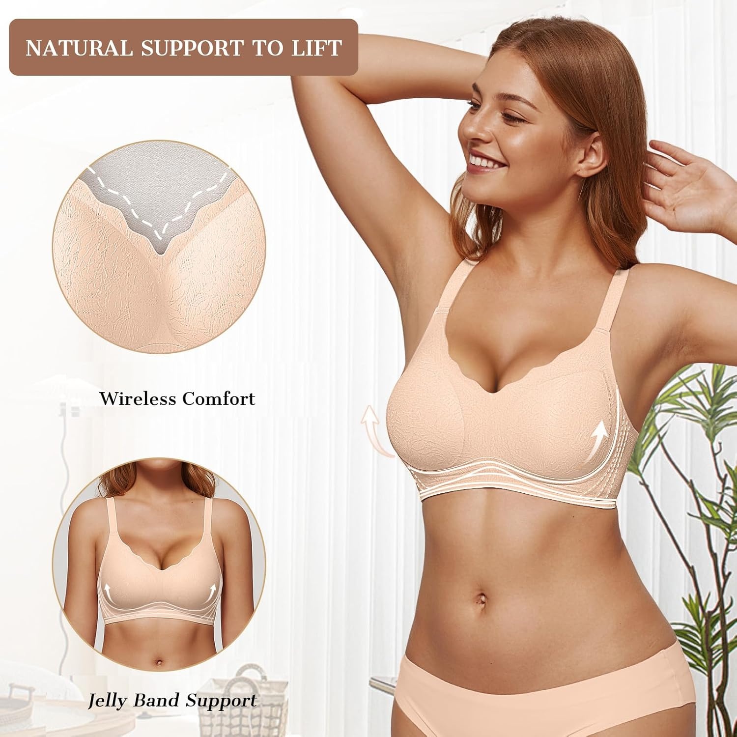 image:imageOEAK Womens Wireless Jelly Bras Push Up Bralette Full Coverage No Underwire Bra Comfortable Everyday Seamless Tshirt Bras Nude with Jacquard Weave XXL