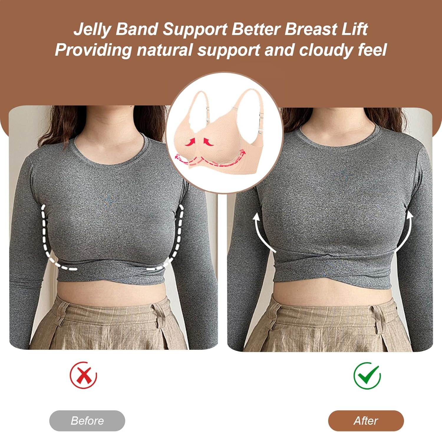 image:imageOEAK Womens Wireless Jelly Bras Push Up Bralette Full Coverage No Underwire Bra Comfortable Everyday Seamless Tshirt Bras Nude with Jacquard Weave XXL