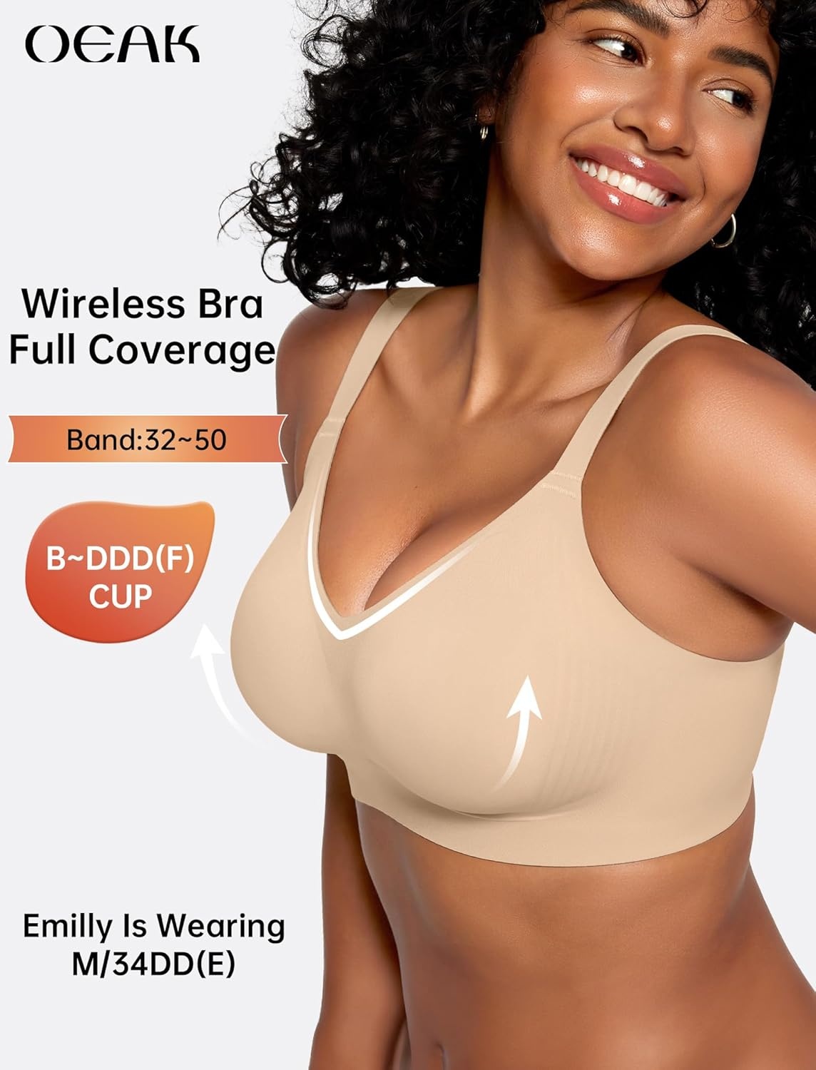 image:imageOEAK Womens Wireless Seamless Bras Jelly Full Coverage Supportive Bra Push Up Plus Size Everyday Bra Comfortable Tshirt Bras Nude 3XL
