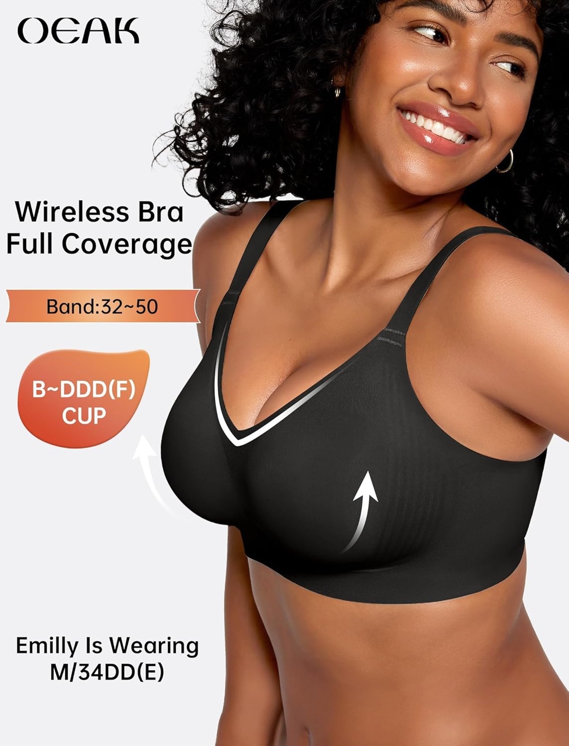 image:imageOEAK Womens Wireless Seamless Bras Jelly Full Coverage Supportive Bra Push Up Plus Size Everyday Bra Comfortable Tshirt BrasBlack