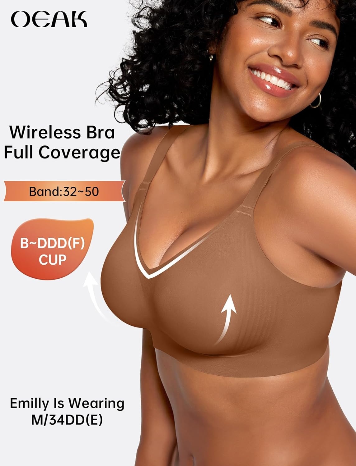 image:imageOEAK Womens Wireless Seamless Bras Jelly Full Coverage Supportive Bra Push Up Plus Size Everyday Bra Comfortable Tshirt BrasBrown